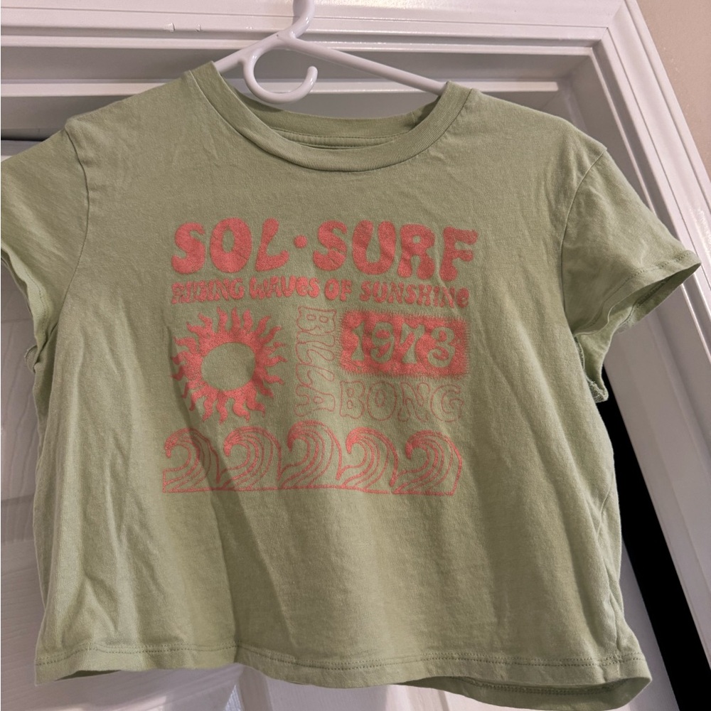 Billabong Women’s Olive Crop Tee with Pink Surf Print
